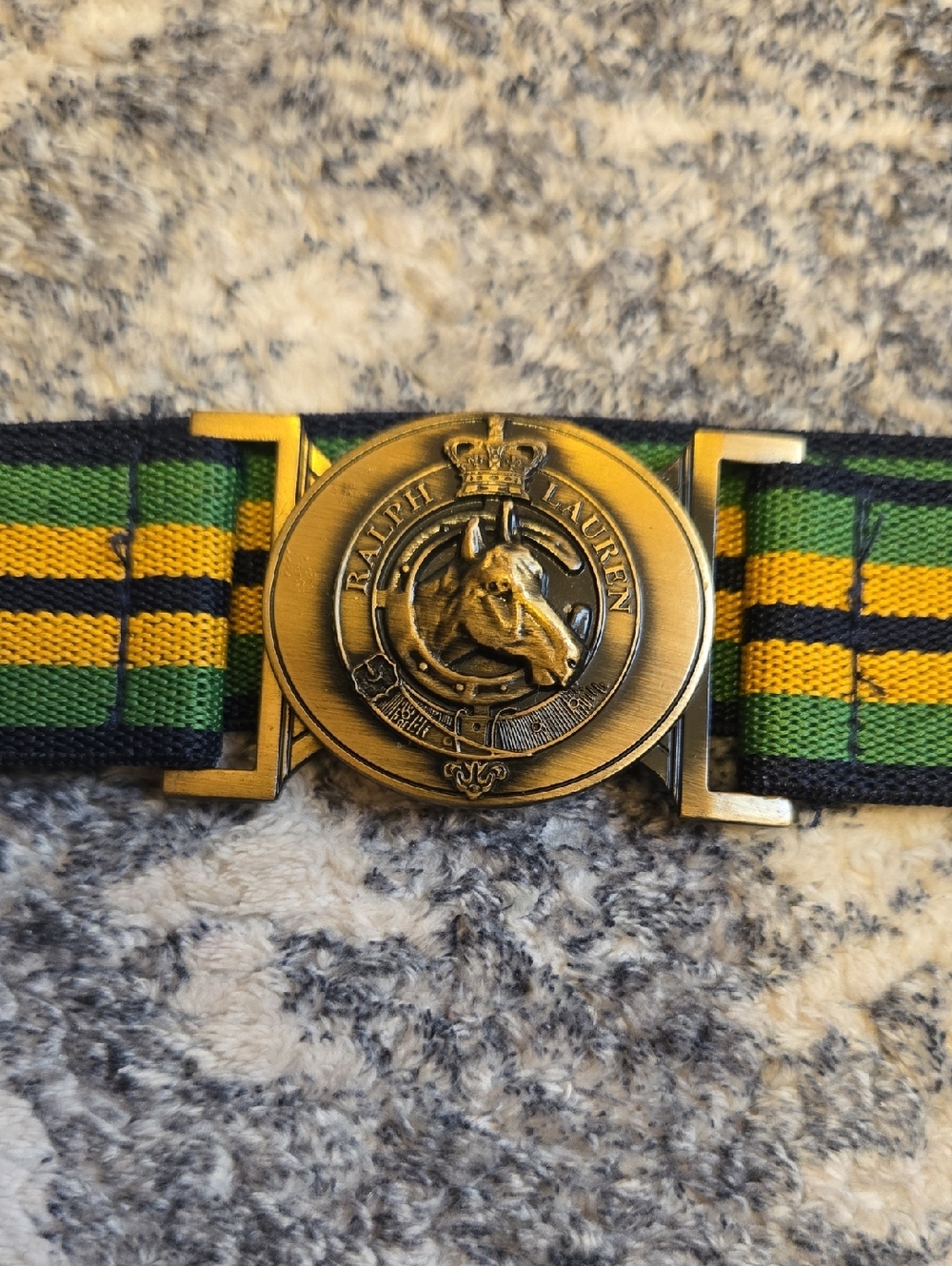 Ralph Lauren Green and Yellow Striped Horse Medallion Belt